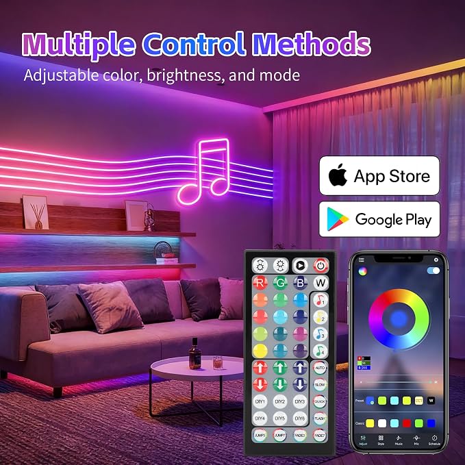 100FT RGB LED Neon Rope Lights, App & Remote Control, Flexible Waterproof IP65 Led Strip Lights, Music Sync Color Changing Multiple Modes Neon Lights for Bedroom Gaming Room Indoor & Outdoor Decor