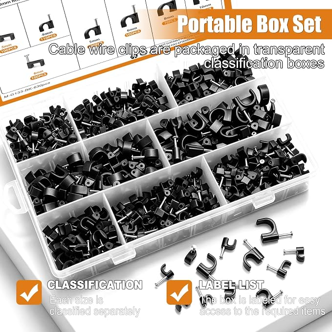 mankk 630PCS Black Cable Clips Nail in Cable Clips Wire Clips 4/5/6/8/10mm Round & Square Ethernet Cables Wall Clips for Cords RG6 RG59 CAT5 CAT6 RJ45