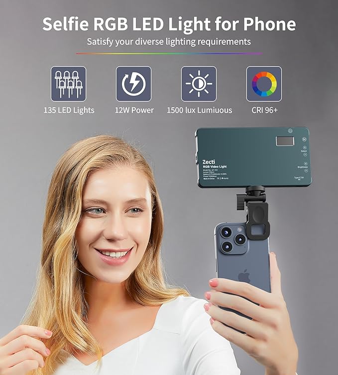 Selfie Camera Phone Light with Metal Hotshoe & Clip, 135 LED CRI 96+ 2500K-9900K 4000mAh RGB Video Light for iPhone, Cameras, Selfie, Video Conference, TikTok Live Streaming, Gifts for Women & Mom