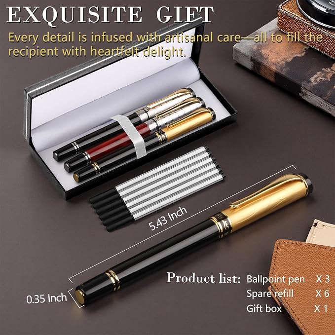 Luxury Gel Ballpoint Pens,Personalized Black Ink Pen Set with 6 Pcs Extras Replaceable Metal Refills, Ultra-Smooth Writing Experience, Perfect for Gifts,Business,Office