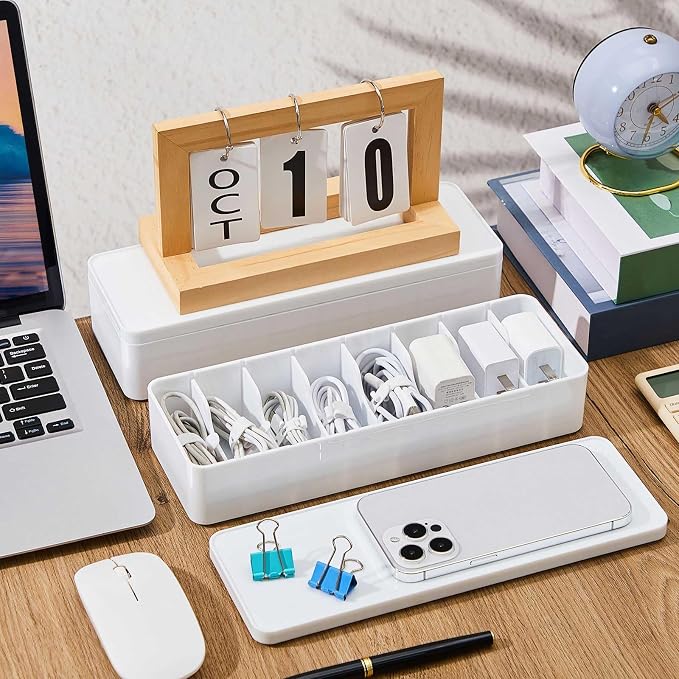 Tatuo 1 Pcs Cord Organizer for Drawer Desktop, Cable Organizer Box with 8 Compartments and Wire Ties, Plastic Charger Storage with Lid, Electronics Case for Home Office Accessories (Small,White)