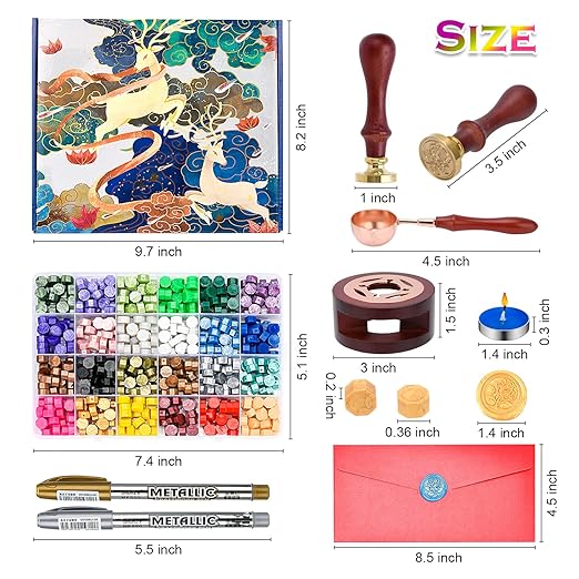 Wax Seal Stamp Kit - 630 Pcs Wax Beads, Gift Box, Warmer, Metallic Pens, Envelopes, Stamp Set for Gifts & Decoration