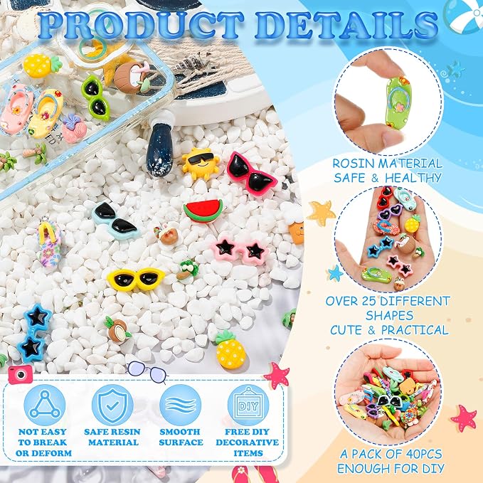 Giegxin 40 Pcs Summer Resin Charm Hawaii Beach Coconut Flamingo Plumeria Flower Flatback Cabochon Accessories Cute Embellishments Bulk for Jewelry Cellphone Case Scrapbooking DIY(Summer)