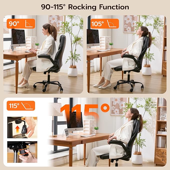 Ylzyxal Office Desk Chair, Ergonomic Computer Chair with Padded Flip-Up Arms and Adjustable Lumbar Support, PU Leather Executive Chair with Tilt Lock and 360° Swivel Rolling Wheels for Work, Study