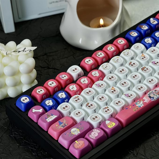 Cute Ghost Keycaps,MOA Profile Side Printed Custom Keycaps Halloween-Themed Key Caps PBT Dye-Sublimation 133 Keys Full Size Keycap Set for Cherry MX Switches Mechanical Gaming Keyboard