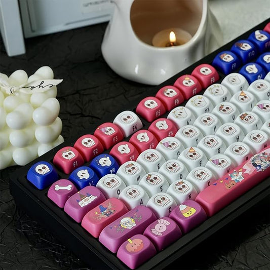 Cute Ghost Keycaps,MOA Profile Side Printed Custom Keycaps Halloween-Themed Key Caps PBT Dye-Sublimation 133 Keys Full Size Keycap Set for Cherry MX Switches Mechanical Gaming Keyboard