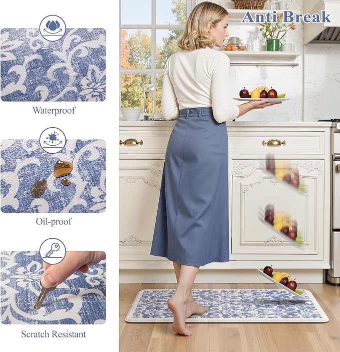 LEEVAN Anti Fatigue Mats for Kitchen Floor Sets of 2, Vintage Distressed Blue Cushioned Kitchen Mat for Laundry,Non Slip Memory Foam Standing Mat for Home, Office, Desk,Sink(17.3"x29"+17.3"x59")