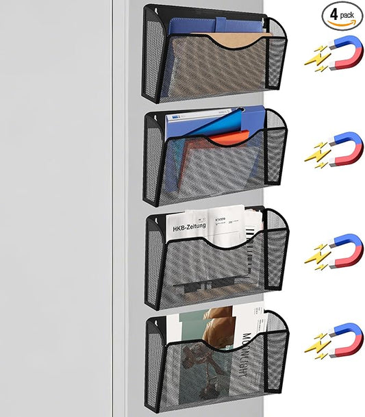 Magnetic File Holder 4 Pockets File Folder Organizer, Office Hanging Magazine Rack for File Cabinets, Magnetic Paper Holder, No Drilling Mail Organizer for Refrigerator, Office