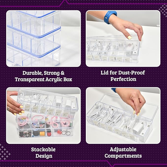 Set of 3 Cable Organizer Box W/Labels - Charger Box, Stackable W/Lids-Cord Organizer Junk Drawer- Cord Storage Box for Desk -Cable Organizer case, Multiuse Organizer