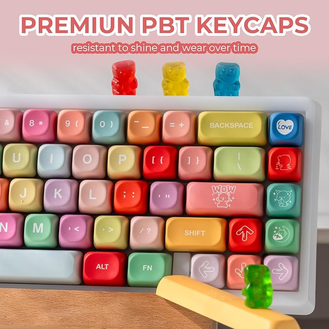 XVX Cute PBT Keycaps, Rainbow Gummy Bear Keycap Set MOA Profile, Dye-Sublimation Keyboard Keycaps Suitable for 60% 65% 75% 80% 96% 100% Layout Mechanical Keyboard with MX Switches