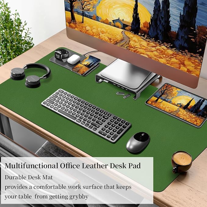 Bloss Green Leather Mouse Pad,Leather Desk Mat Protector,Dual-Side Use Mouse Mats,Office Desks Mats,Laptop Protector Desks Mat,Waterproof Keyboard Pads,Desk Writing Pad for Office/Home.31.5"x 15.7"