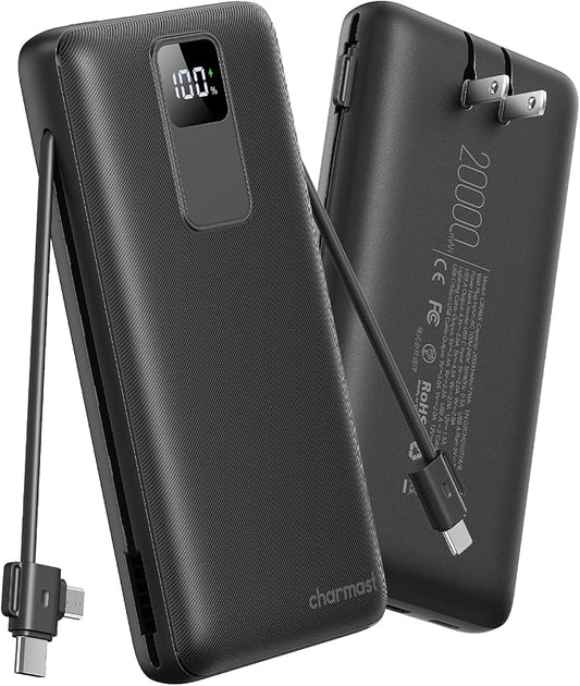 charmast Portable Charger with Built-in Wall Plug and Cables, 20000mAh Power Bank Travel Essentials, 20W Fast Charging Battery Pack Compatible with iPhone 17/16/15/14/13/12/11, Samsung, Android