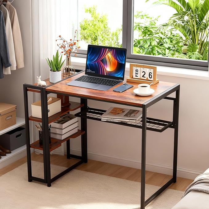 GarveeLife 35 inch Folding Desk Writing Computer Desk with Storage Shelf,Spaces Saving Writing Sturdy Table No Assembly,for for Bedroom, Home Office, Dorm, Apartment, Brown