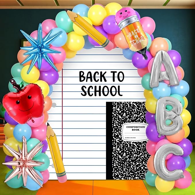 Hahafelt 161 Pcs Back to School Party Decorations Pastel Balloons Garland Arch Kit with Large Composition Notebook Backdrop Abc Crayon Pencil Balloons for First Day of School Classroom Party Supplies