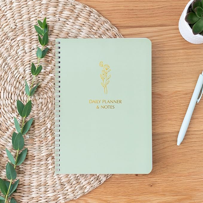 Simple Daily Planner Undated with Hourly Schedule - 6.5x9.25" Sage Green Day Planner & Spiral To Do List Notebook - Aesthetic and Cute Work Journal, Task Organizer Notepad and Productivity Planners