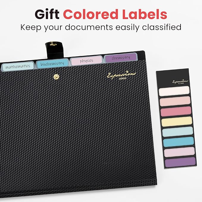 Sooez Accordion File Organizer, Letter Size Expanding File Folder with Labels, 5 Pocket Folders for Document, Portable Paper Bill Receipt Organizer for Home School Office Supplies, A4 Size, Black