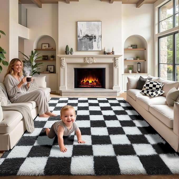 KICMOR 7x9 Area Rug for Living Room Bedroom, Large Black and White Checkered Fuzzy Fluffy Shag Shaggy Carpet, Indoor Plush Soft Big Rugs for Kids Boys Girls Teen Dorm Nursery Home Decor Aesthetic