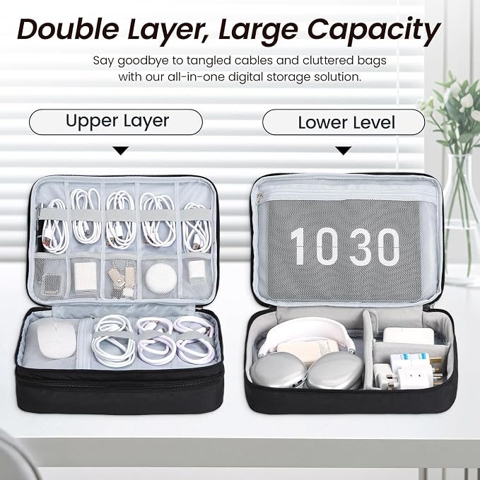 Large Electronic Organizer Travel Case, Double Layer Tech Accessories Bag with 3 DIY Adjustable Dividers, Waterproof Padded Cable Storage Pouch for Camera Gear, Power Bank, Hard Drive, Mouse