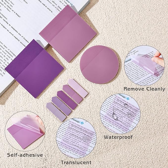 1450 Sheets Transparent Sticky Notes, 3 x 3 inch Aesthetic Clear Lined Sticky Notes with Pen, Gradient Color Waterproof Self-Adhesive Annotation Tabs for Bible Journaling (Purple)