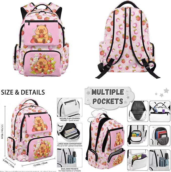 WELLFLYHOM 4 PCS Pink Strawberry Capybara Backpack Set for Girls Ages 8-12 | Multi-Scene Backpack Set With Lunch Box, Pencil Pouch and Water Bottle Sleeve, Great for School, Sports and Short Travel