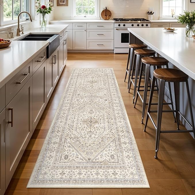3x8 Runner Rug for Hallway Washable: Non Slip Kitchen Rugs with Rubber Backing Soft Waterproof Mats Stain Resistant Indoor Vintage Carpet Runner for Bedroom Bathroom Laundry Entryway Beige/Gray