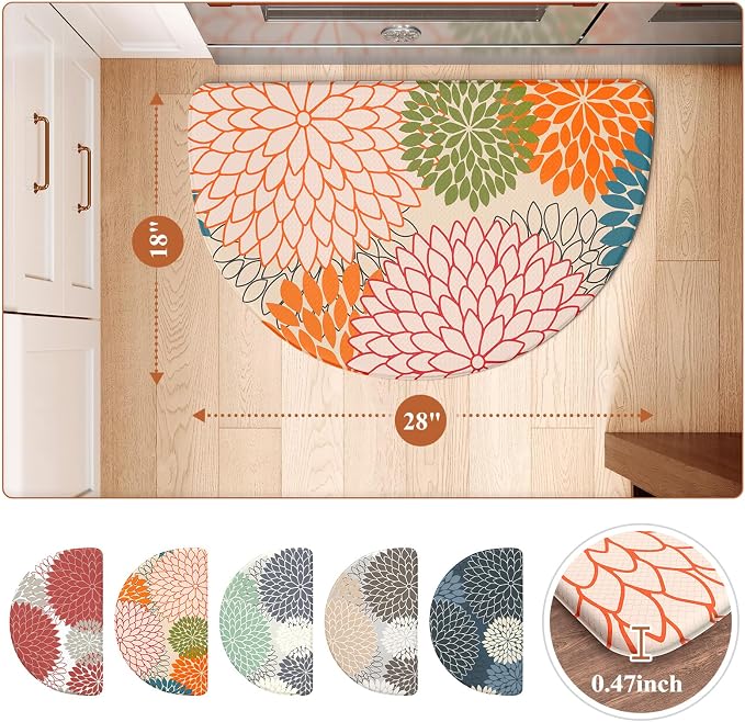KIMODE Half Circle Kitchen Mats for Floor Cushioned Anti Fatigue Semi Round | Half Round,28"x18",Dahlia Boho,Kitchen Rug Non Slip ,Waterproof Padded Sink Floor Mat Carpet Decor for Laundry Bathroom