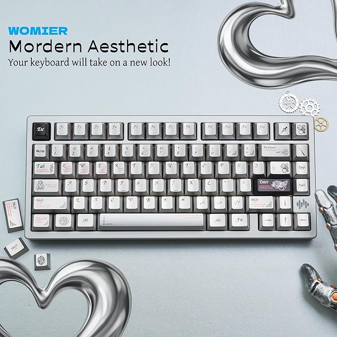womier Metal Paint Textured Mechanical Keyboard Keycaps, Retro Dye Sub & Double Shot PBT Keycaps 60 75 100 Percent, Cherry Profile Custom Aluminum Keyboard Keys Caps Set 112 Keys, Space Gray