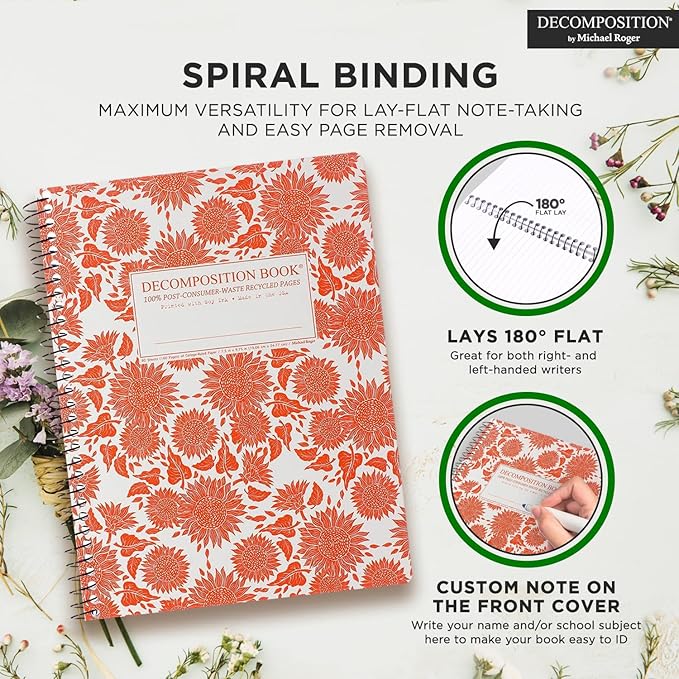 Decomposition Sunflowers College Ruled Spiral Notebook - 9.75 x 7.5 Journal with 160 Lined Pages - 100% Recycled Paper - Cute Notebooks for School Supplies, Home & Office - Made in USA