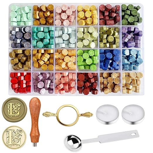 Wax Seal Stamp Kit - Sealing Wax Beads in 24 Colors with Personalized Letter Stamp,Steel Melting Spoon,Tea Candles and Round Molds – Perfect for Wedding Invitations,Envelopes(L)