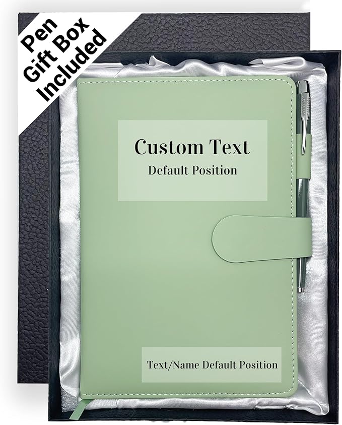 Personalized Notebook with Pen and Gift Box, Custom Text Leather Journal, Gifts for Women Men, Engraved Journals To Write In, Birthday, Best Friend, Mom, Sister, Corporate, Business Gift (Text-Green)