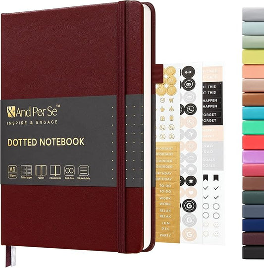 &And Per Se Dotted Journal Notebook, A5 Hardcover Leather Dotted Journal, 160 Pages 100gsm Thick Dot Grid Paper, 3 Sheets of Stickers Included - 5.7'' x 8'' (Dark Red)