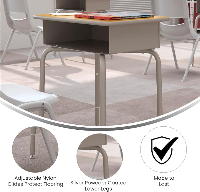 Flash Furniture Billie Student Desk - Maple Open Front School Desk - Silver Metal Frame - 24"W x 18"D Adjustable Height, Durable for School or Remote Learning