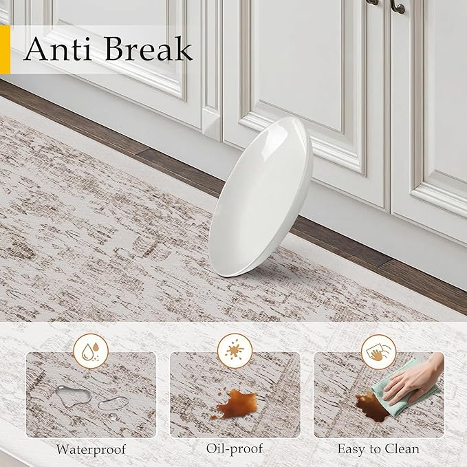 Kitchen Mats 2PCS Anti Fatigue Cushioned Mat Light Brown Vintage Kitchen Mats for Floor Waterproof Non Slip Comfort Standing Retro Floral Rug for Sink Laundry Office 17.3"x59"+17.3"x30"