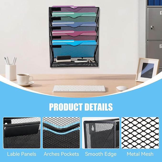 6-Tier Magnetic File Holder Hanging Magnetic File Folder Holder Organizer | Doule-Magnetic, Metal, No Assembly Required Magnetic Mail Paper Organizer for Refrigerator, Whiteboard