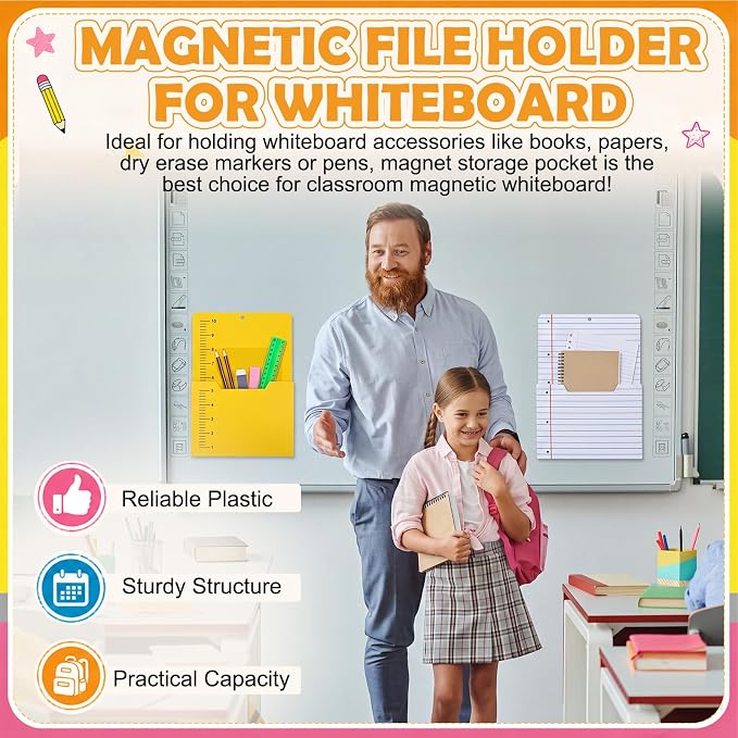 Gilprop 6 Pcs Assorted School Style Magnetic File Folder Holder Pocket File Organizer Classroom Decor Teacher Desk Accessories for Whiteboard Mail Paper Book No Drilling Desk Door Classroom Essential