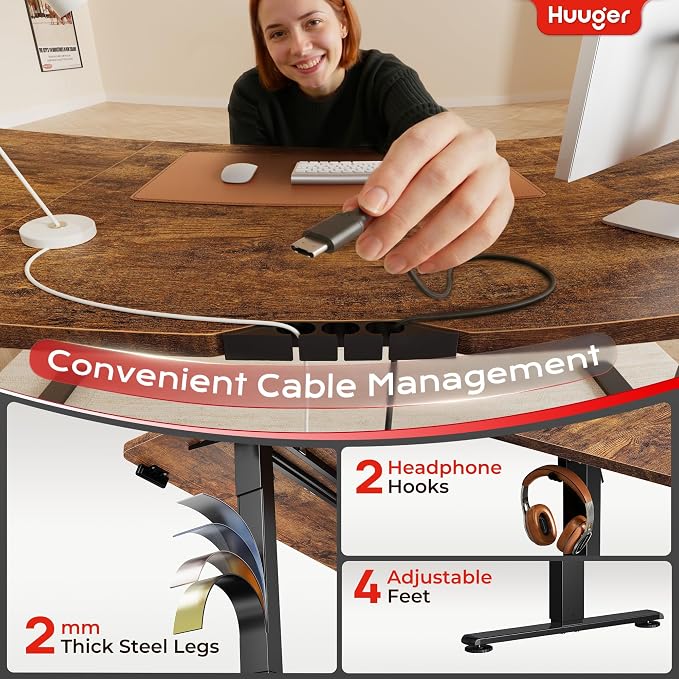 Huuger 63 X 24 Inch Electric Standing Desk with Power Outlets and USB-C Port, Height Adjustable Desk, Sit Stand Desk for Home Office, Computer & Gaming Desk with 4 Presets, Rustic Brown