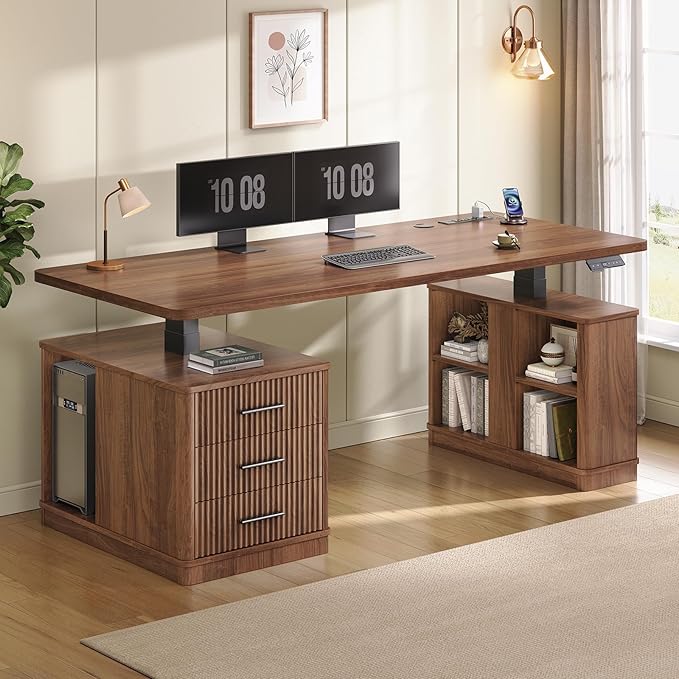 SEDETA Modern Fluted Electric Standing Desk, 63" Height Adjustable Computer Desk with 3 Drawers, Storage Shelves, Power Outlets, Wood Home Office Stand up Desk for Work, Study, Writing, Brown