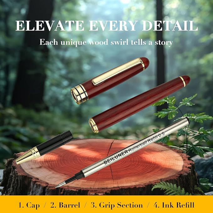 BEILUNER Luxury Wood Ballpoint Pen Writing Set,Rosewood-Elegant Fancy Nice Gift Pen Set for Signature Executive Business Office Fancy Nice Supplies - Christmas Gift Boxed with Extra Refills (Black)