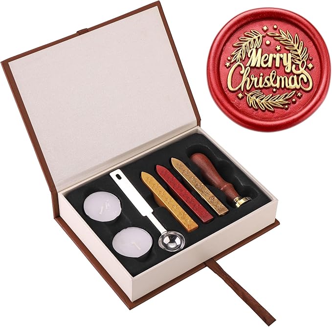Yoption Merry Christmas with Olive Branch Wax Seal Stamp Kit with Sealing Wax Sticks and Gift Box for Wedding, Party Invitations, Christmas, Envelopes