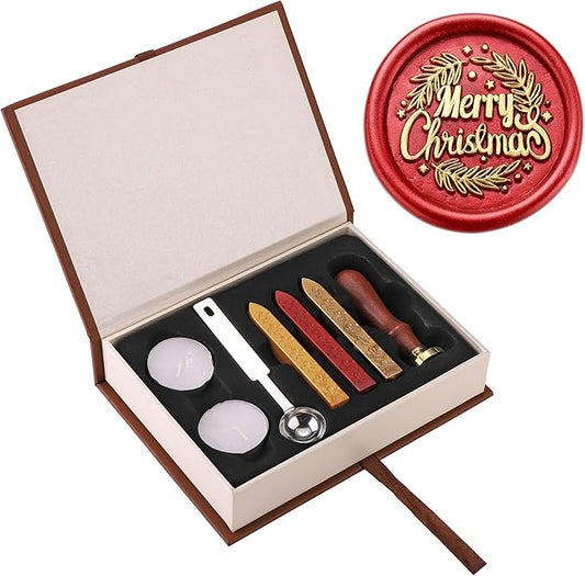 Yoption Merry Christmas with Olive Branch Wax Seal Stamp Kit with Sealing Wax Sticks and Gift Box for Wedding, Party Invitations, Christmas, Envelopes