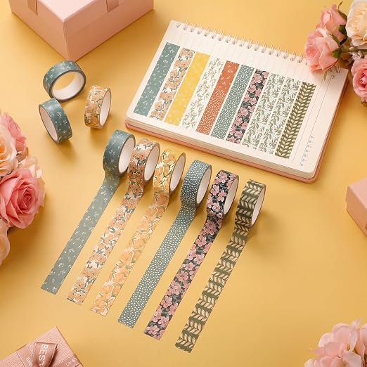12 Rolls Watercolor Floral Washi Tape Set 15 mm Vintage Flower Decorative Masking Tape for Summer School Arts DIY Craft Scrapbook Journal Supplies Gifts(Warm Tones,Botanic)