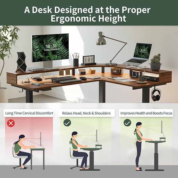 FEZIBO 63"x49" L Shaped Standing Desk with Arc LED & Power Outlet, Electric Height Adjustable L Shaped Desk with Monitor Stand, for Gaming Office, Black Walnut（2 Packages）