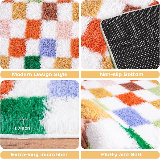 Checkered Rug 4x6 for Bedroom, Ultra Fluffy Shag Area Rugs for Living Room, Upgrade Anti-Skid High Pile Soft Rug Fuzzy Carpet for Bedroom Kids Room Nursery, Dorm Home Decor, Green and Orange Colorful