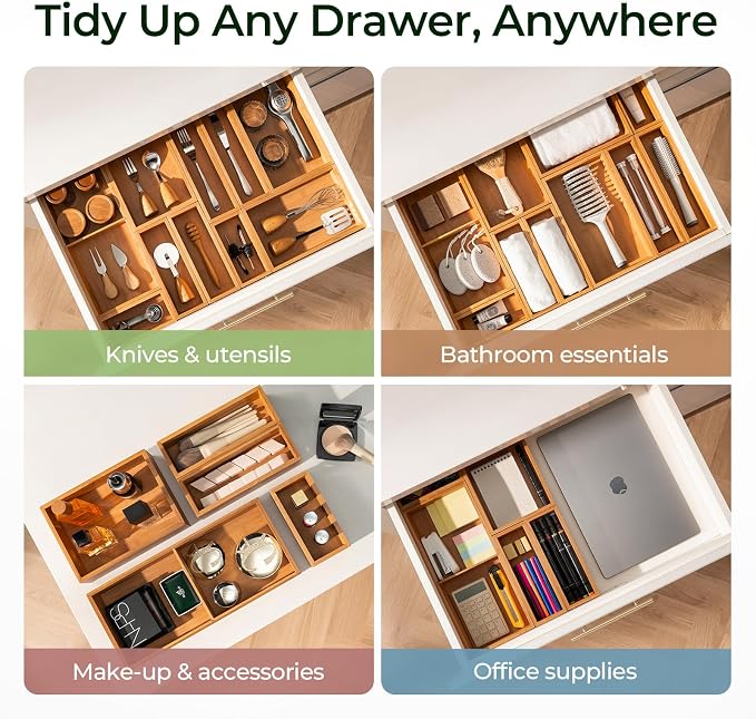 keechee 10-Piece Bamboo Drawer Organizer Set, 2.2" Deep Multi-Use Organizers for Utensils, Silverware, Cutlery, Desk, Bathroom, Junk Drawer & Makeup, Non-Slip Feet Included.