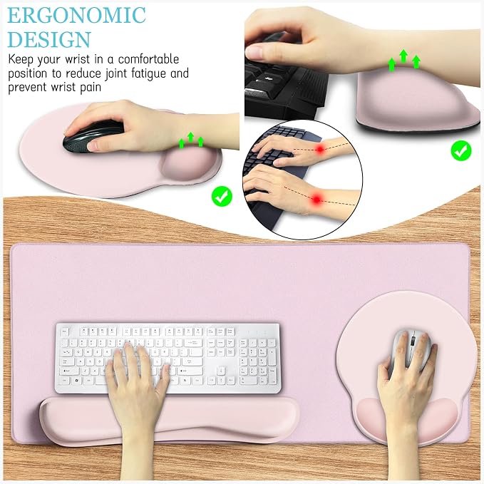 LIMKRIAN Pink Mouse Pad Set, Complete XXL Desk Mat with Ergonomic Keyboard Support & Coaster, Featuring Mouse Pad with Gel Wrist Rest for Pain Relief, Soft Pink Home Office Gaming Accessories Gift