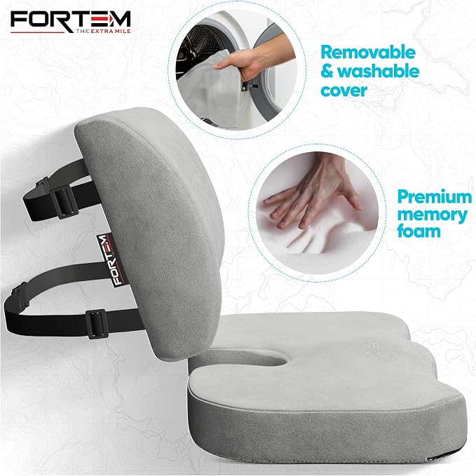 FORTEM Seat Cushion, Office Chair Cushion, Lumbar Support Pillow for Office Chair, Memory Foam Car Seat Cushions, Sciatica Coccyx Tailbone Pain Relief, Cushions for Back Support, Washable, Non Slip