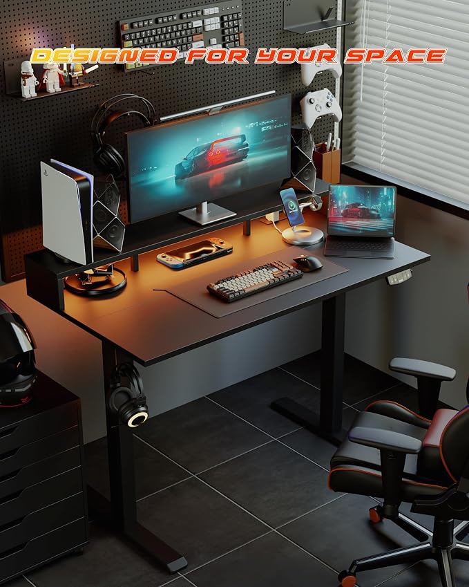 Agilestic 48x24 Inch Electric Standing Desk with Shelf, Height Adjustable Desk with Power Outlets & LED, Sit Stand Up Table with Monitor Stand, Computer Workstation, Black