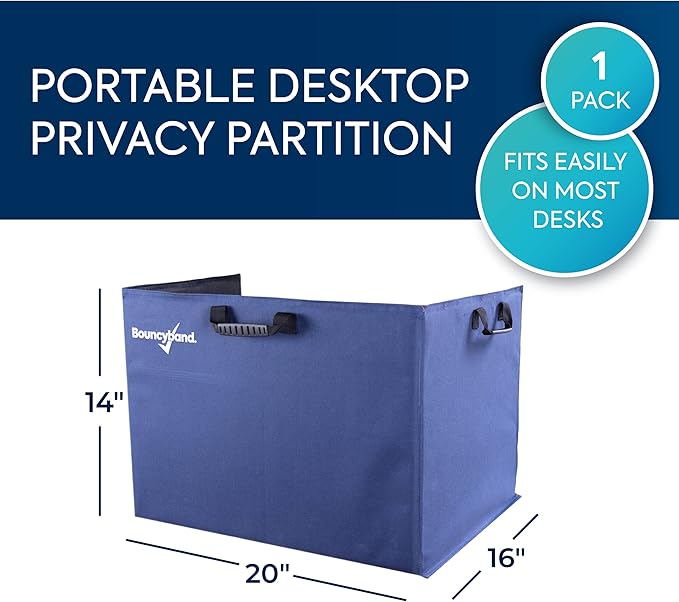 BouncyBand Portable Privacy Desk Partition – 20” x 14” Center Panel, 16” x 14” Side Panels – Desk Privacy Panel Creates a Quiet Workspace to Improve Focus in The Classroom, Office, or Home