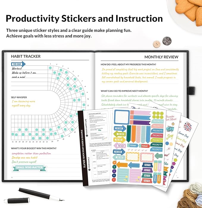 SUNEE Adhd Daily Planner for Adults,3-Month Undated Daily Weekly Monthly Planner for Productivity, Goal Setting, Time Management, Work & Life - for Men & Women,Vision Board + Stickers,Black