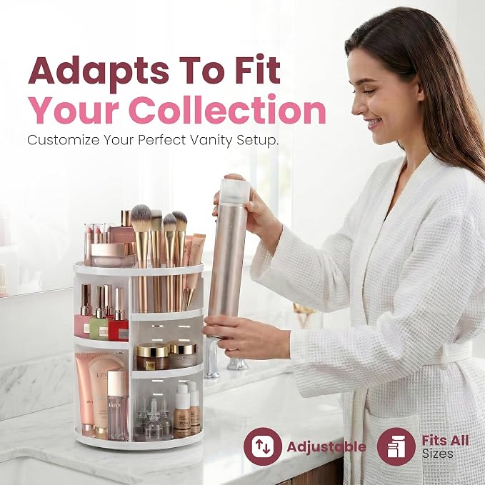 Masirs 360 Rotating Makeup Organizer Countertop, Adjustable Shelf, White | 360-Degree Rotating Makeup Organizer, Adjustable Shelf Height, Cosmetic Perfume Skincare Storage, Vanity Countertop, White